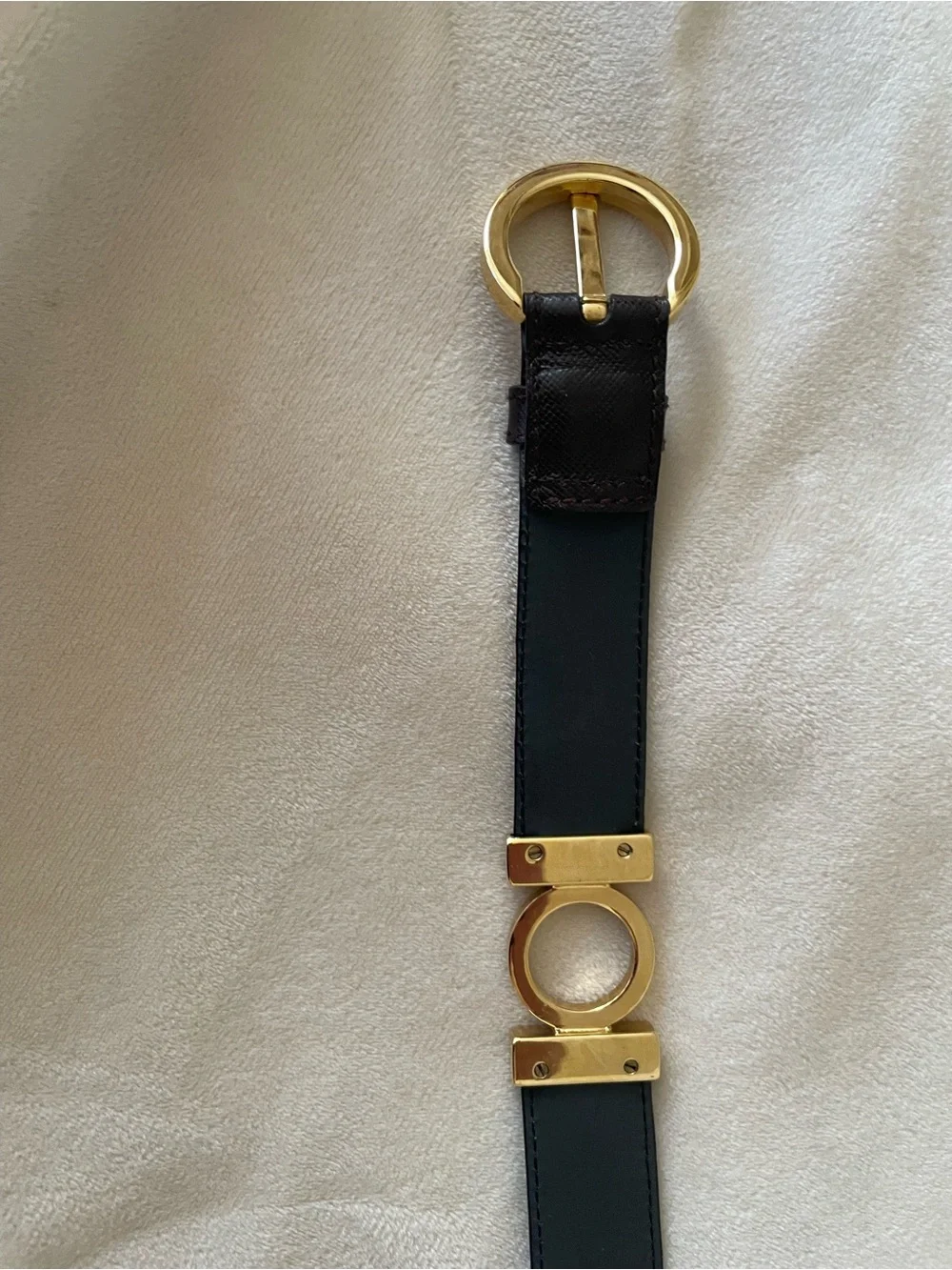 Salvatore Ferragamo Woman’s  Black Leather Belt with Gold Buckle 32 inch